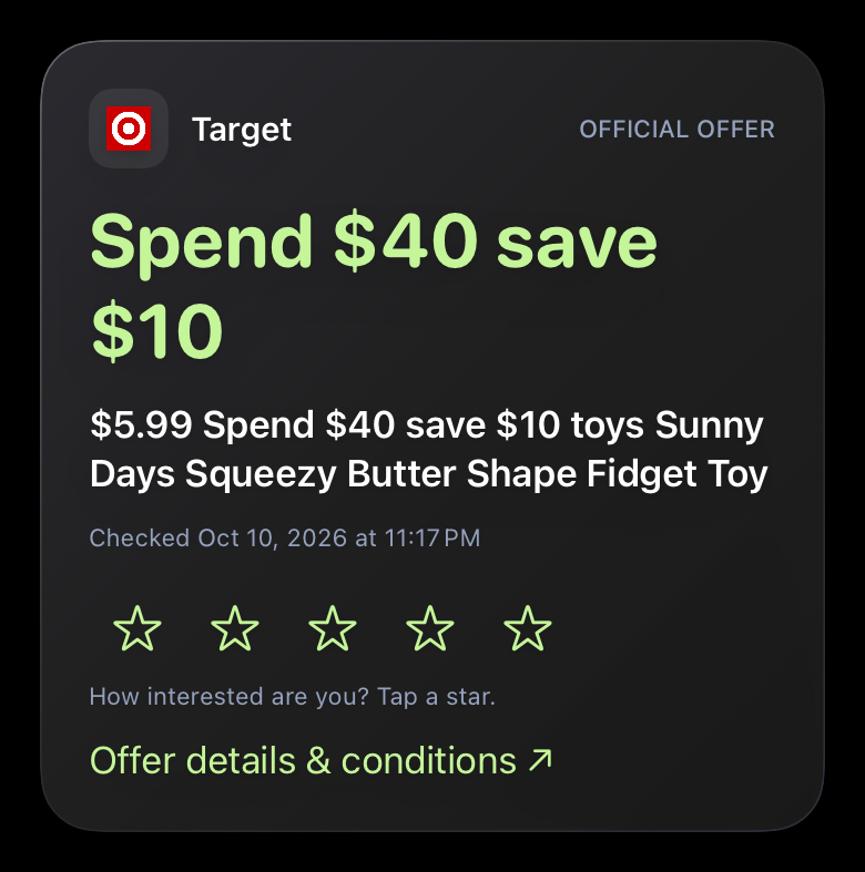 A sourced Target offer selected for the user