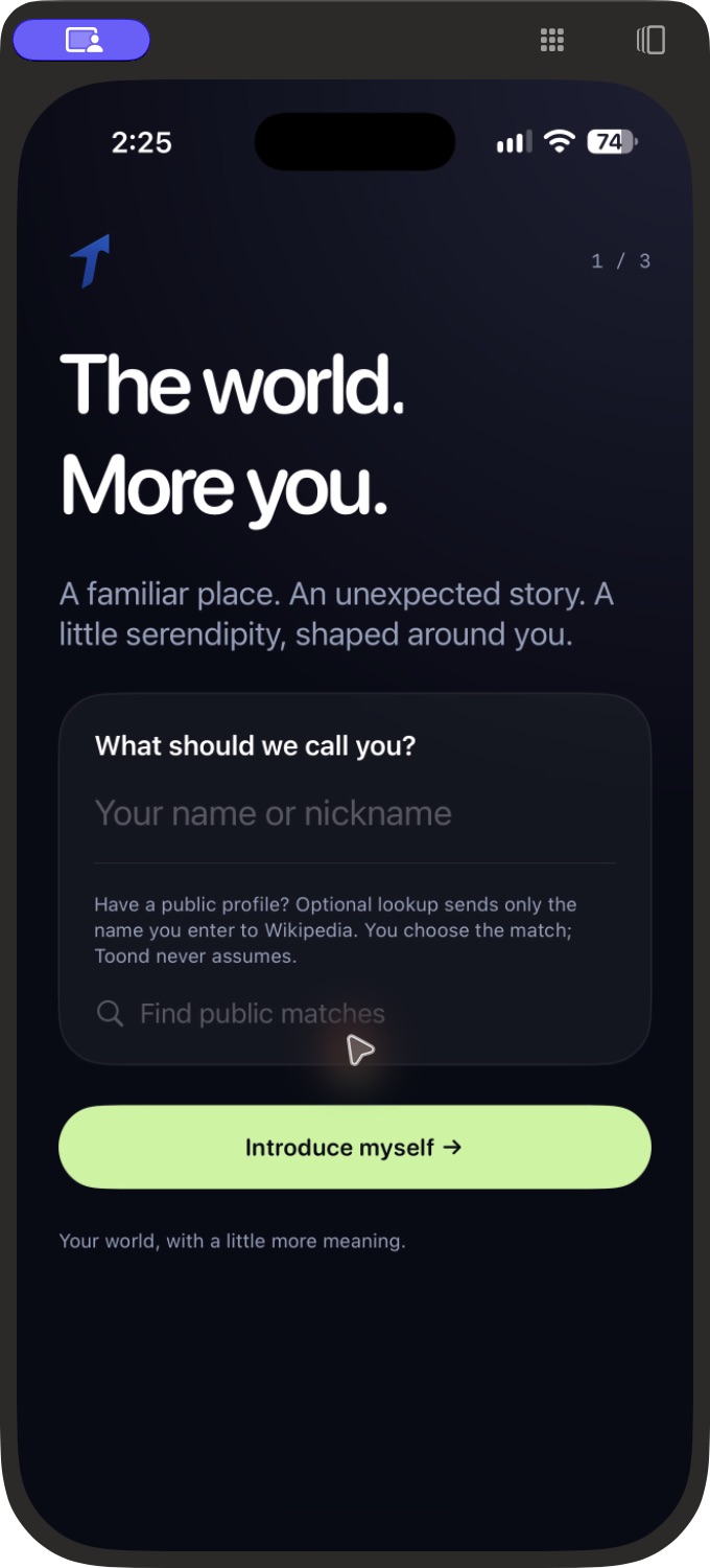 Toond's welcoming private profile setup on iPhone